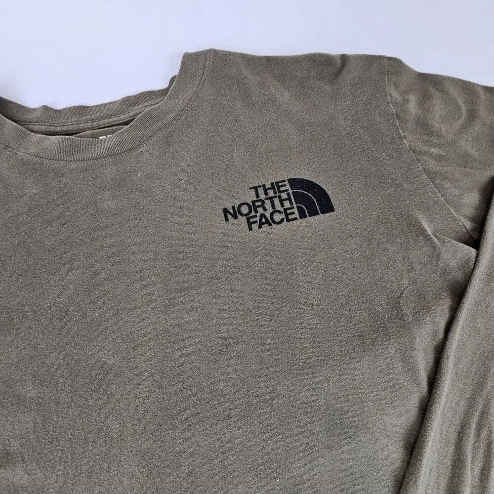 The North Face Mens Large Long Sleeve T Shirt Olive Green Logo Sleeve Graphic
